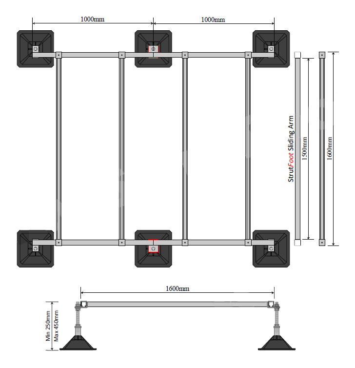 StrutFoot Twin Unit Frame L2000xW1600xH250-450mm SWL:1050KG